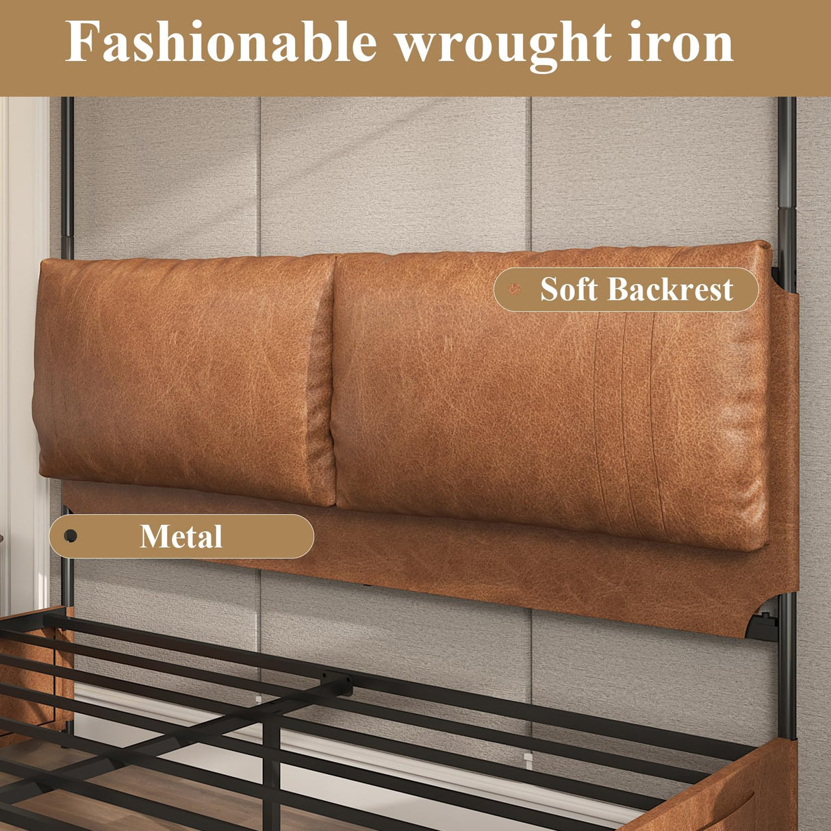 QNICE Canopy Bed Frame King Size with Upholstered Headboard, Tall Four Poster Metal Platform Bed, Easy to Assemble, No Box Spring Needed, Brown QNICE