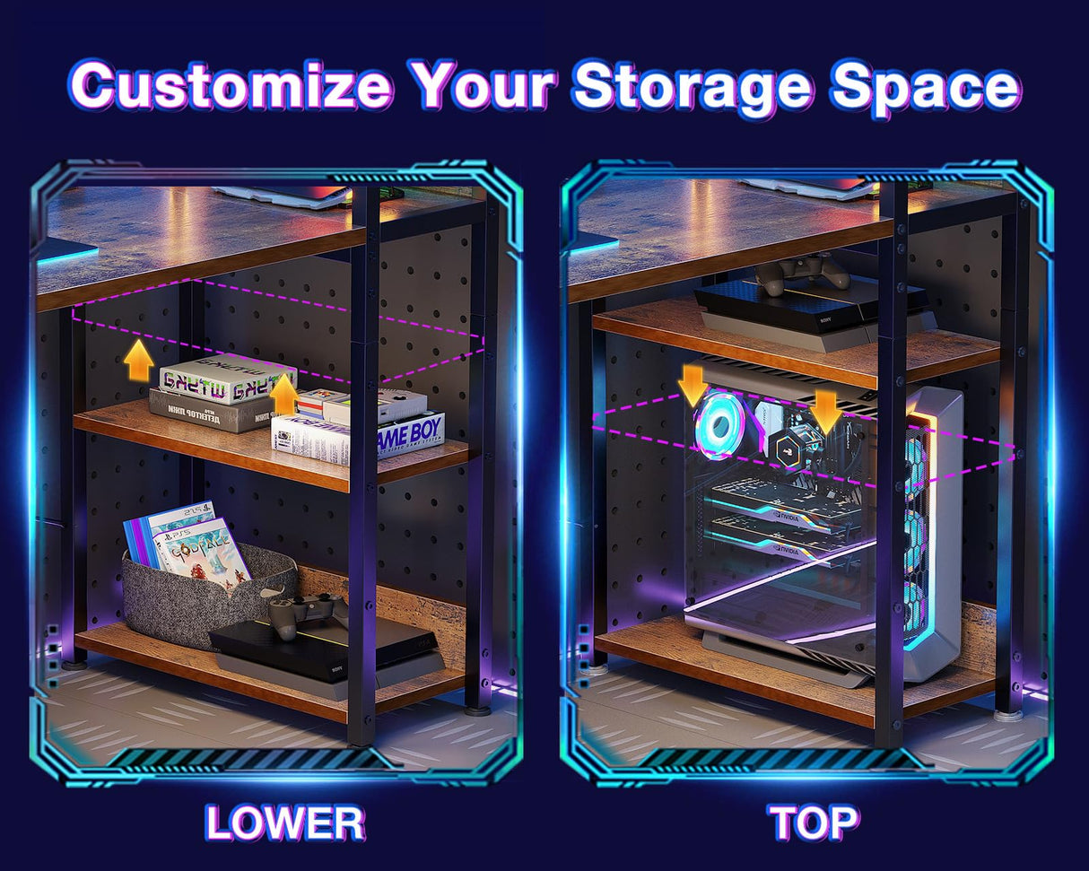 ODK Reversible Gaming Desk with Power Outlets and LED Lights, 48 Inch Computer Desk with Storage Shelves and Monitor Stand, Modern Writing Study Desk for Home Office, Rustic Brown ODK