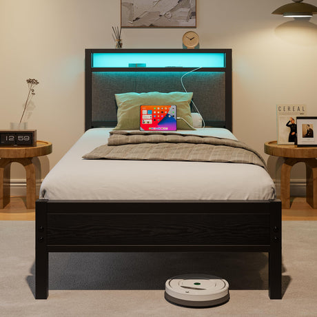 FOUBAM Twin Size Bed Frame with LED Lights and Charging Station, Bed with Storage Headboard,Heavy Duty Metal Slats Support,Mattress Foundation Easy Assembly(Black) FOUBAM