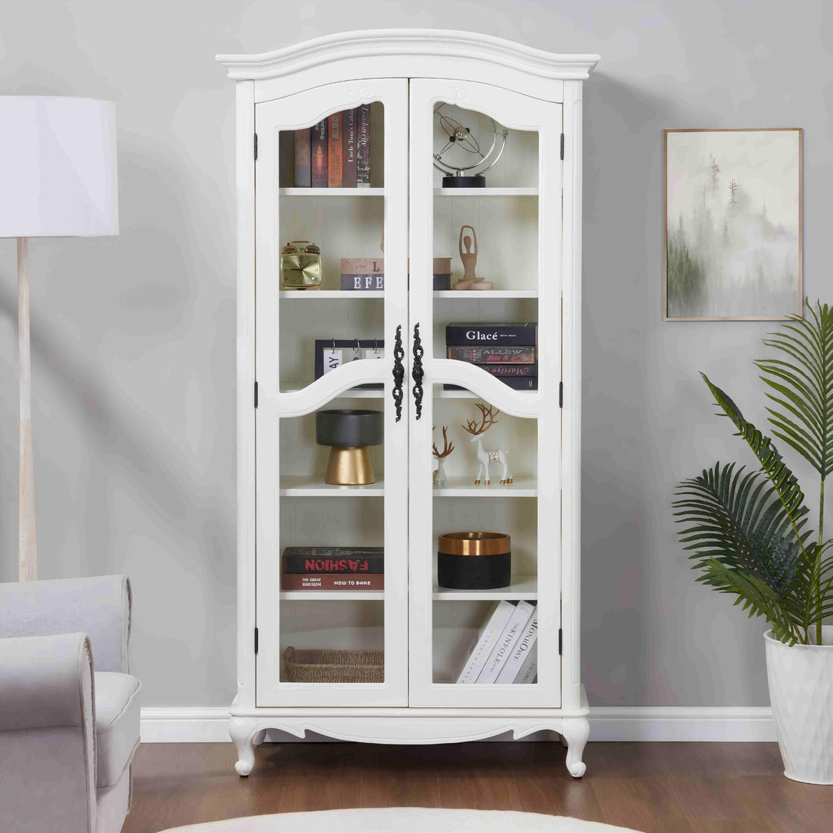Farmhouse Arched Display Cabinet Bookcase Bookshelf with Glass Doors and Adjustable Shelves, 72" Tall 6 Tiers French Country-Inspired Wooden Curio Cabinet for Living Room, Office (Antique White) ZESTO PASSION FOR LIVE