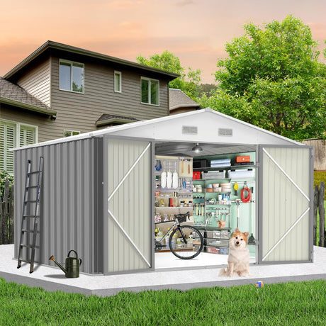 GarveeLife 12x10 Ft Outdoor Storage Shed, Large Steel Multipurpose Yard Shed, Metal Outdoor Tool Shed with Sloped Roof and Door Lock Design for Organizing Tools & Equipment in Yard, Garden, Grey GarveeLife