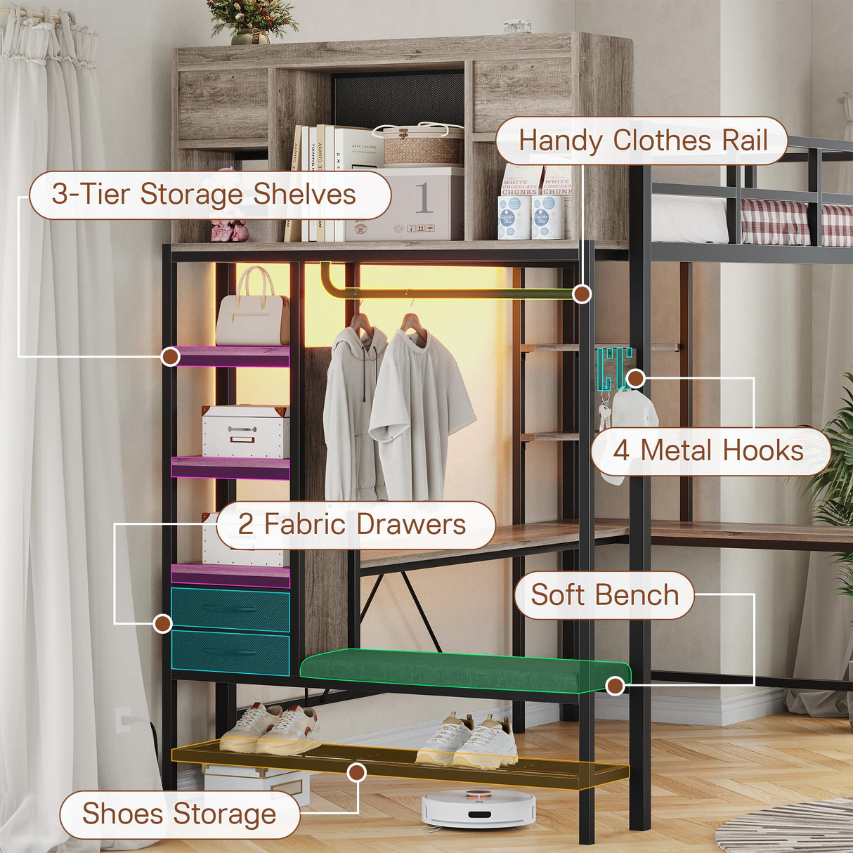 Twin Loft Bed with L-Shaped Desk, Metal Twin Size Loft Bed for Kids with Storage Headboard&Hall Tree, 2 Fabric Drawers, LED Lights&Charging Station, Safety Guard & Ladder, No Box Spring Needed (Gray) Dnxao