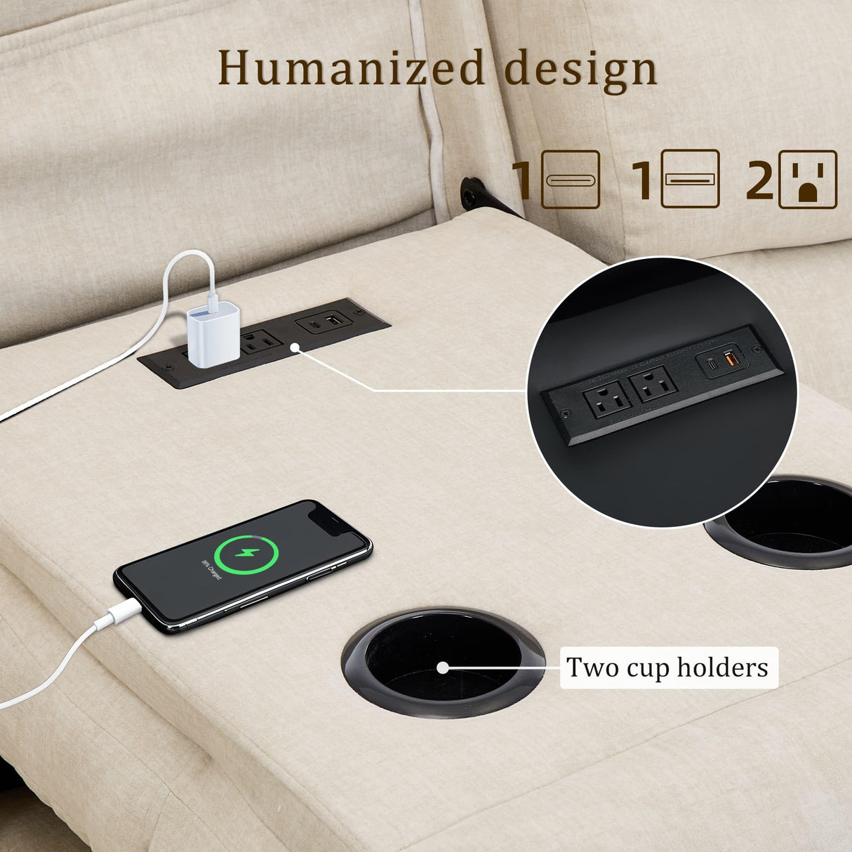 Korser Recliner Sofa, Recliner Loveseat with Console, Oversized Recling Couch with Pull-Down Table, 3-Seater Sofa with Cup Holders and Recessed Power Strip, Beige Korser