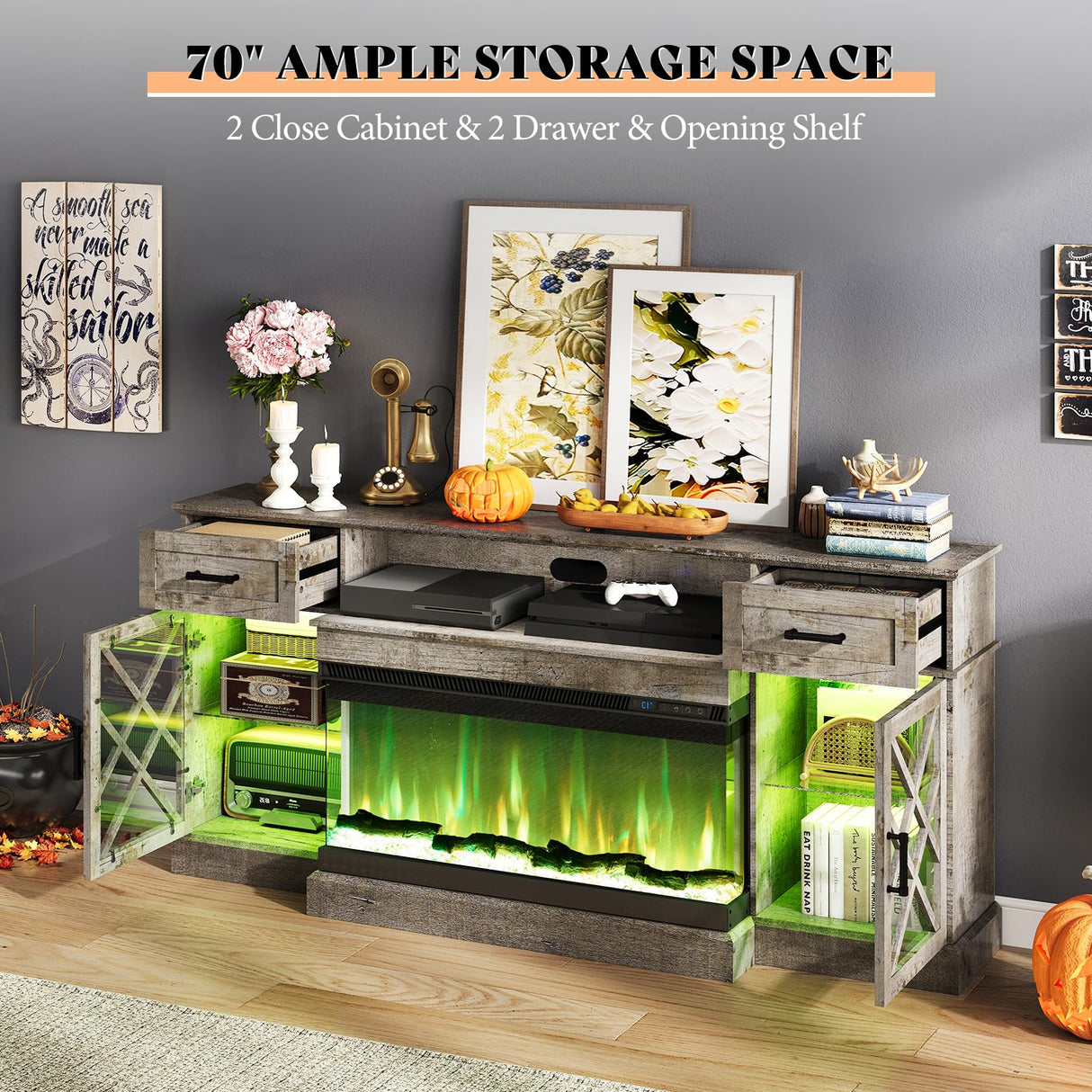 AMERLIFE Farmhouse LED Fireplace TV Stand with 3-Sided Glass Fireplace, 70" Large Entertainment Center for TVs up to 80", Rustic TV Console with Glass Door Storage for Living Room, Light Gray AMERLIFE