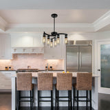 CNRATYE 6-Light Modern Farmhouse Black Chandelier, Contemporary Dining Room Light Fixture, Adjustable Height Hanging Industrial Pendant Lights Kitchen Island, Clear Glass Shade CNRATYE