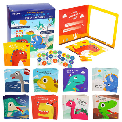 Valentine's Day Puzzle for Kids, 27 Pack Dinosaur Jigsaw Puzzle Cards with Envelopes & Stickers Bulk -for School Classroom Class Boys Girls Toddlers Gift Exchanges and Kids Valentines Party Favor Sets