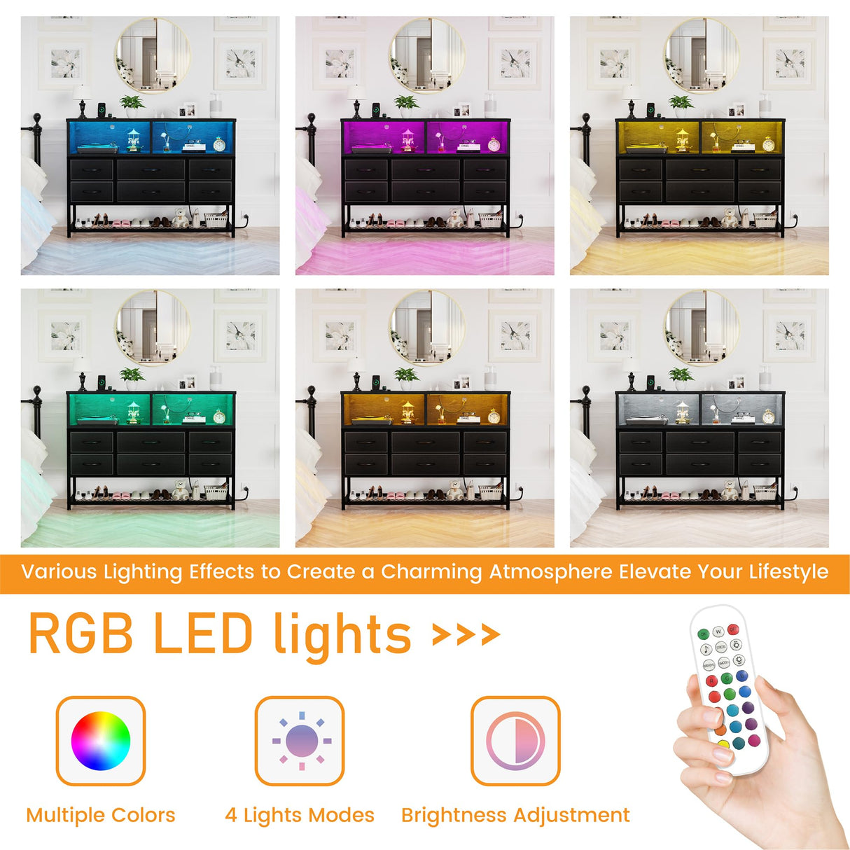 eiskah Black Dresser for Bedroom, 6 Drawers Led Dresser TV Stand with Power Outlets and LED Lights, Long Fabric Dressers Wide Chest of Drawers with Large Organizer Shoe Rack for Living Room, Entryway eiskah