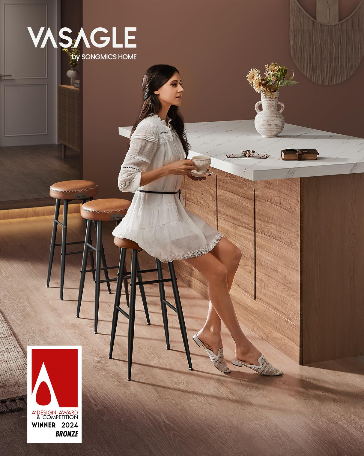 VASAGLE EKHO Collection - Bar Stools Set of 2, Bar Height Bar Stools, Kitchen Counter Stools, Mid-Century Modern Backless Counter Stools, 30-Inch Tall, Kitchen Island Home Bar, Caramel Brown VASAGLE