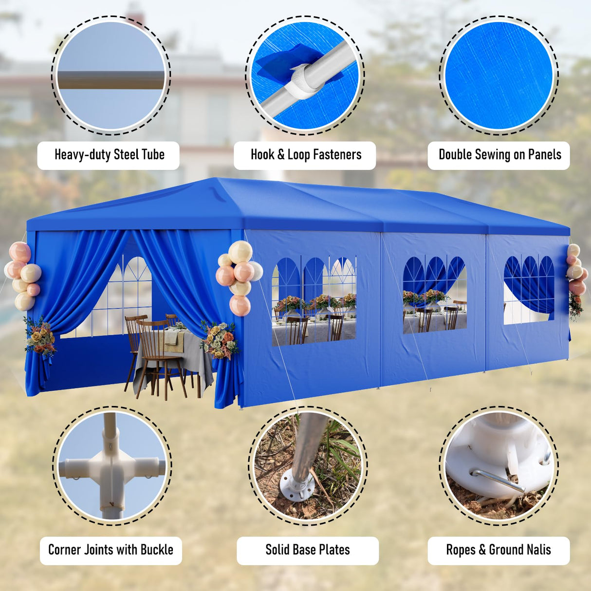 Blue Party Tent 10x30 Outdoor Canopy Tent with 8 Removable Sidewalls Heavy Duty Wedding Events Tents for Parties Waterproof Patio Gazebo Shelter for Birthday Graduation Backyard DOINUO