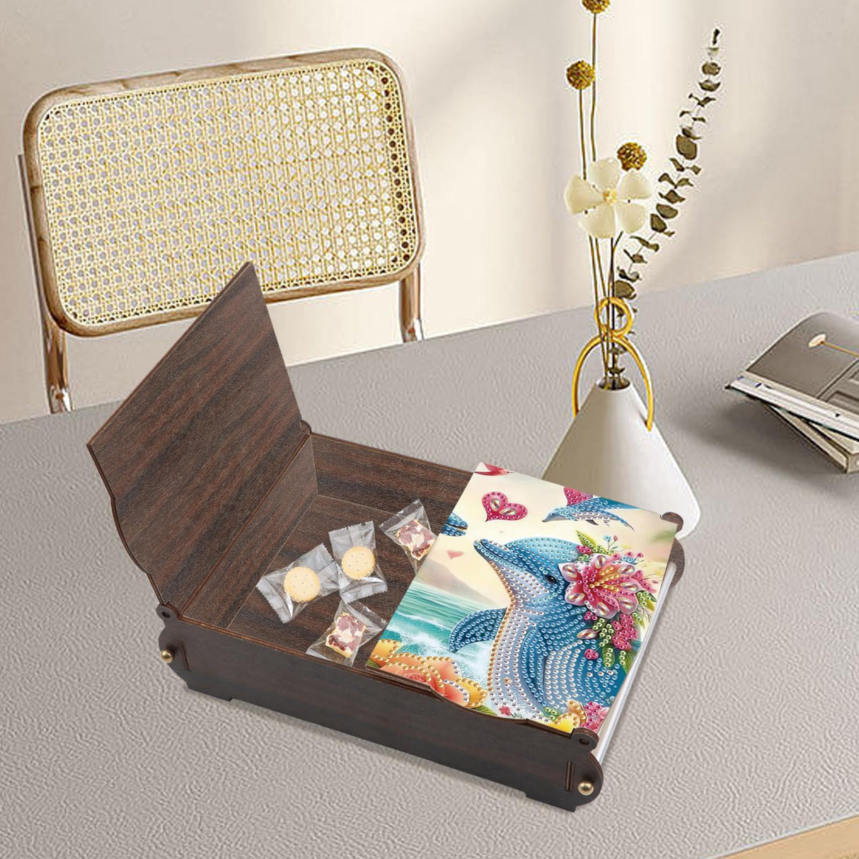 MVVMTOP Diamond Painting Kit Wooden Storage Box, Dolphin DIY Special Shaped Diamond Flip Cover Wooden Money Box, Handmade Art Desktop Decorations Birthday Gifts for Friends MVVMTOP