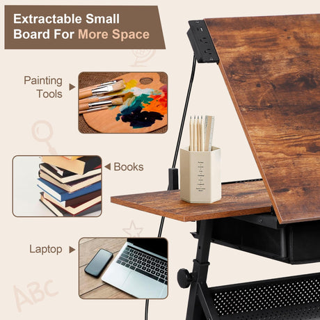 ZENY Adjustable Drafting Table with Stool, Tilting Drawing Desk Artist Table with Storage Drawers, Art Craft Workstation for Home Office Reading, Writing, Crafting ZENY