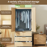 GarveeHome Armoire Wardrobe Closet, 69.5 in Wooden Wardrobe Cabinet with 3 Drawers, Hanging Rod, 2 Doors Clothing Storage Cabinet for Bedroom, Large Capacity Storage, Rattan Door, Natural GarveeHome