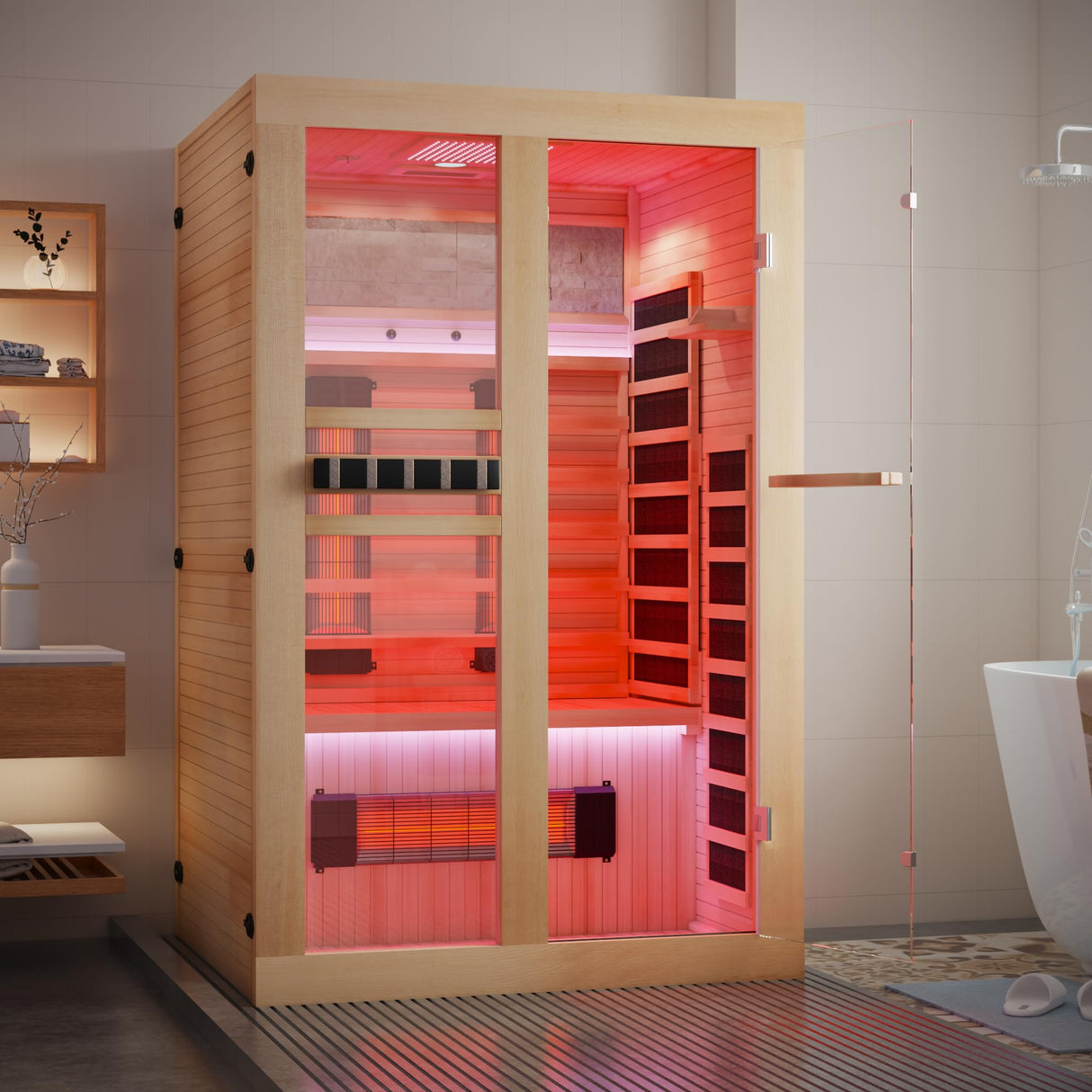 SWHSE 2 Person Infrared Sauna, Full Spectrum Home Sauna with Red Light Therapy, 15 Minutes Pre-Warm up Indoor Dry Saunas with 2-in-1 Door Handle, Canadian Hemlock,7 Color Light Belts, 110V SWHSE