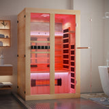 SWHSE 2 Person Infrared Sauna, Full Spectrum Home Sauna with Red Light Therapy, 15 Minutes Pre-Warm up Indoor Dry Saunas with 2-in-1 Door Handle, Canadian Hemlock,7 Color Light Belts, 110V SWHSE