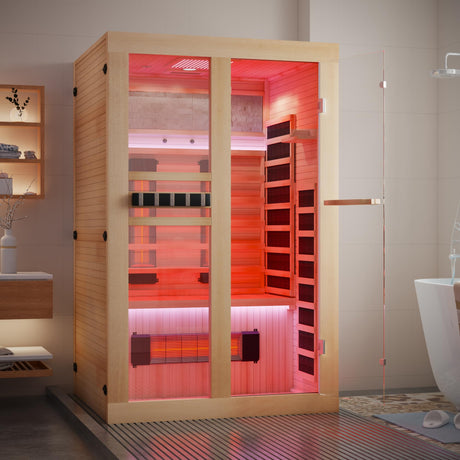 SWHSE 2 Person Infrared Sauna, Full Spectrum Home Sauna with Red Light Therapy, 15 Minutes Pre-Warm up Indoor Dry Saunas with 2-in-1 Door Handle, Canadian Hemlock,7 Color Light Belts, 110V SWHSE