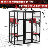 COZIWOW 70Inches Large Spacious Wooden Catio Outdoor Cat Enclosure with Perches and Condos, Cat Cage Indoor with Waterproof Roof, 7 Platforms & 2 Resting Box, UV Resistant (Gothic) COZIWOW