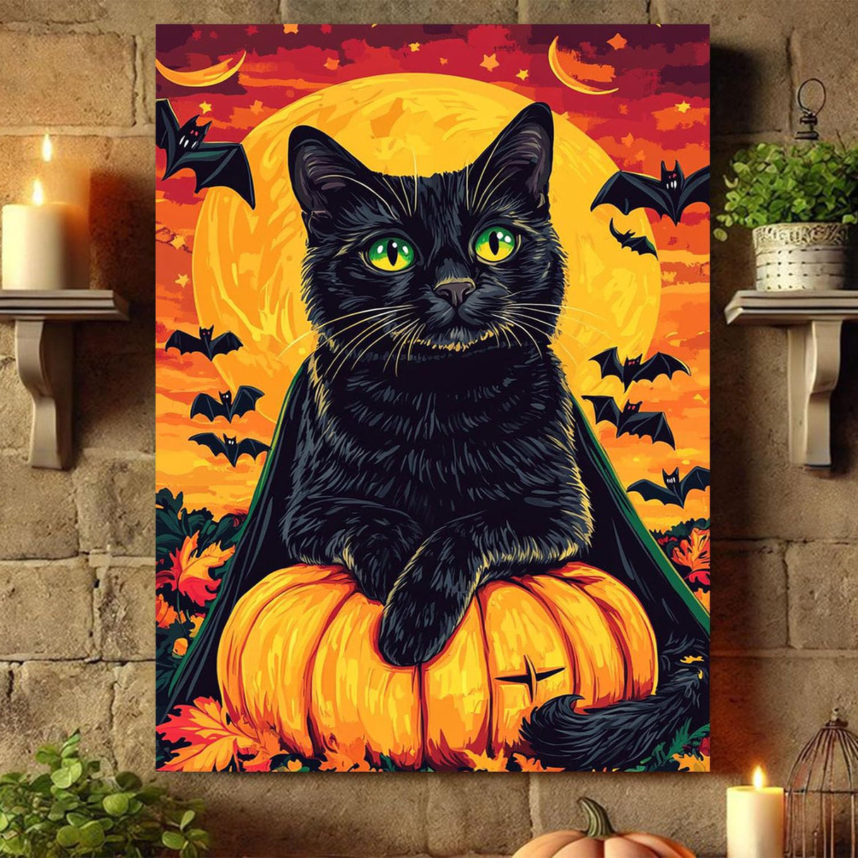 Gemozaic Halloween Paint by Numbers Kit for Adults Beginner- Black Cat Adult Paint by Number Kits on Canvas, Halloween Acrylic Oil Painting by Numbers Kits for Home Wall Decor 16X20 Inch Gemozaic