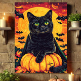 Gemozaic Halloween Paint by Numbers Kit for Adults Beginner- Black Cat Adult Paint by Number Kits on Canvas, Halloween Acrylic Oil Painting by Numbers Kits for Home Wall Decor 16X20 Inch Gemozaic