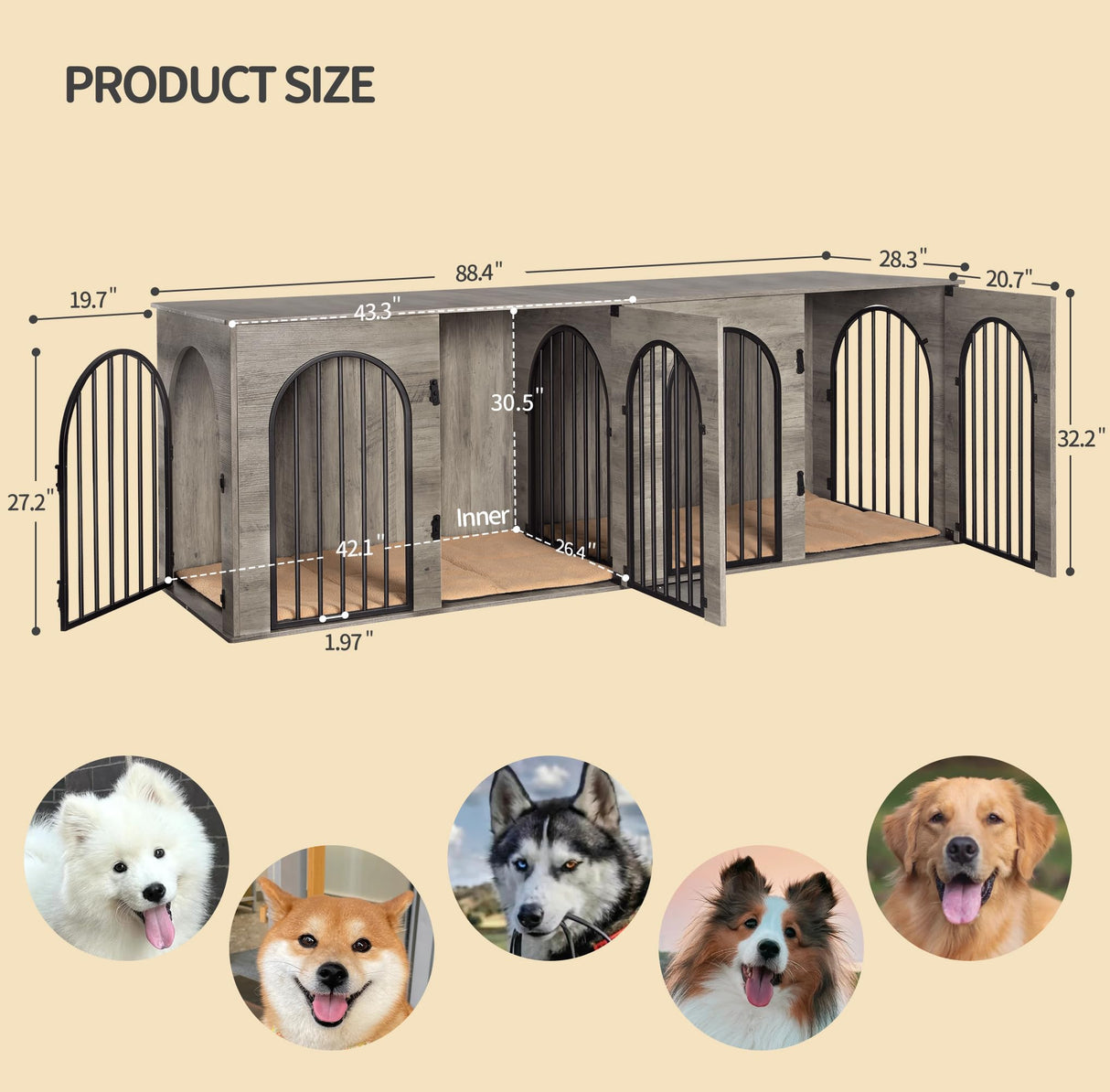 Hzuaneri 88.4" Dog Crate Furniture for 2 Dogs, Heavy Duty Indoor Dog Kennel TV Stand, XXL Wooden Dog Cage with Divider for Medium Large Dogs, End Table Dog Crate with Cushion, Greige Black DFC84005BV1 Hzuaneri