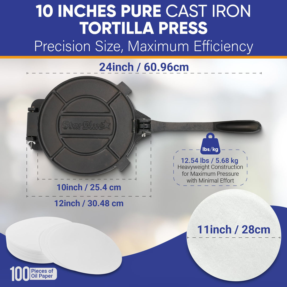 10 Inch Cast Iron Tortilla Press by StarBlue with FREE 100 Pieces Oil Paper and Digital Recipes e-book - Tool to make Indian style Chapati, Flour Tortilla, Roti StarBlue