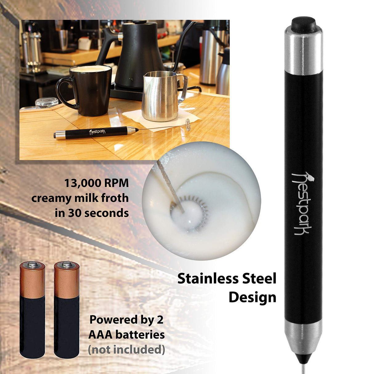 Nestpark Portable Drink Mixer Small Handheld Electric Stick Blender - Cordless and Battery Operated Bulletproof Keto Coffee Blender Nestpark