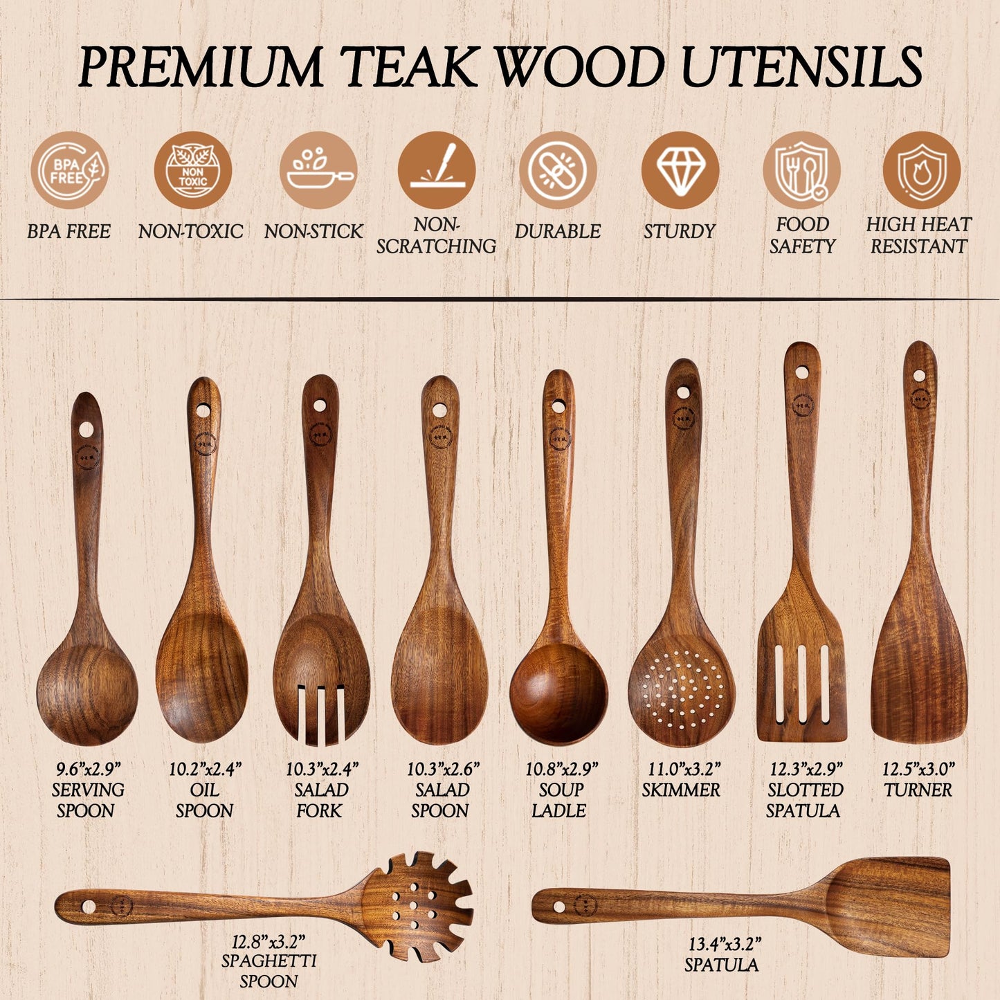 Wooden Spoons for Cooking - 10 Pcs Teak Wood Cookware Utensil Set with Smooth Finish - Non-Stick, Comfortable Grip - Durable, Heat Resistant Kitchen Utensils