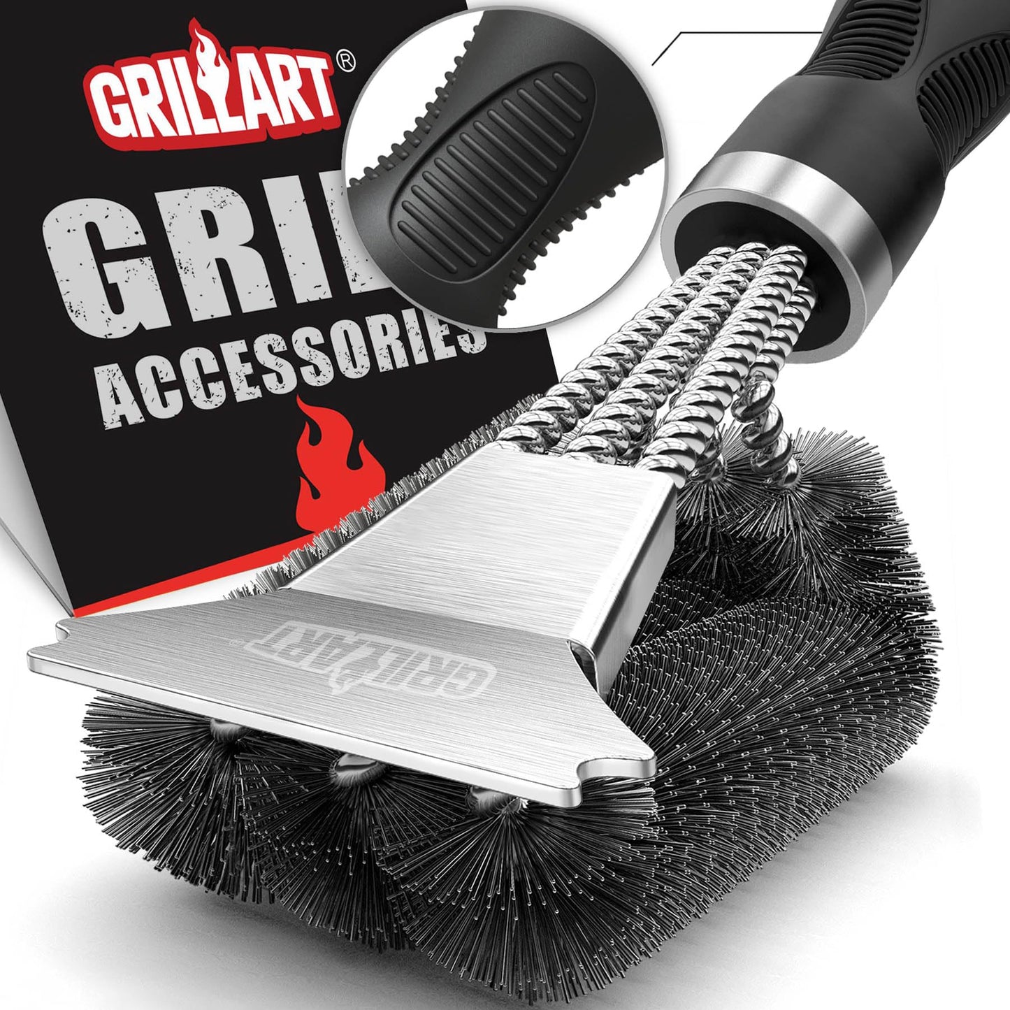 GRILLART Grill Brush and Scraper, Extra Strong BBQ Cleaner Accessories, Safe Wire Bristles Barbecue Triple Scrubbers Cleaning Brush for Gas/Charcoal Grilling Grates, Wizard Tool BR-8115