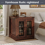 Fameill Farmhouse End Table with LED Lights,Sofa Side Table with Glass Barn Door,Wood Square Nightstand Bedside Table for Living Room,Bedroom,24" Large with Adjustable Storage Shelf,Brown Fameill