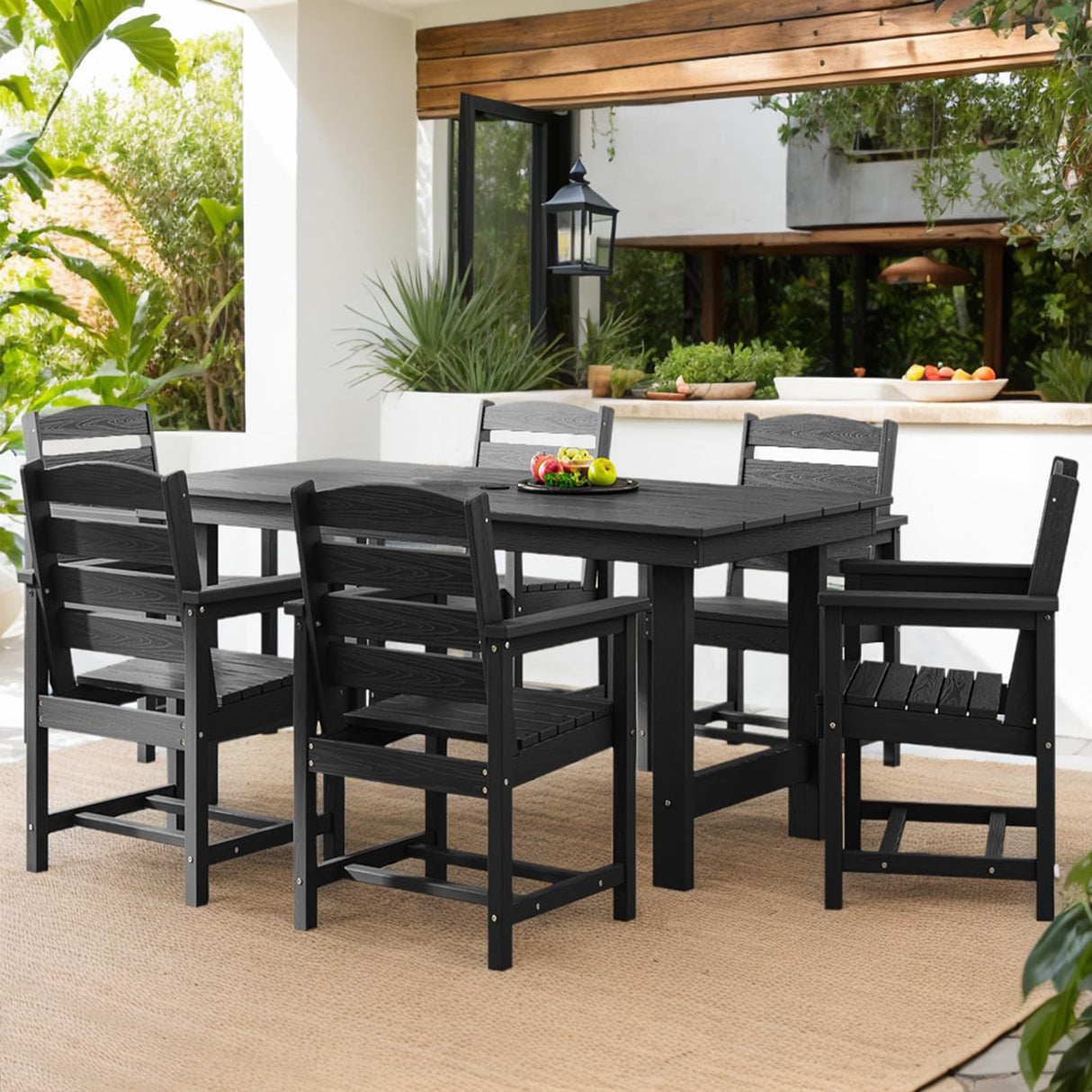 TenKa 7 Piece HDPE Patio Furniture Set for 6, Dining Table and Chairs, Outdoor Table with Umbrella Hole, Outdoor Dining Set for Garden, Backyard, Lawn, and Poolside TenKa