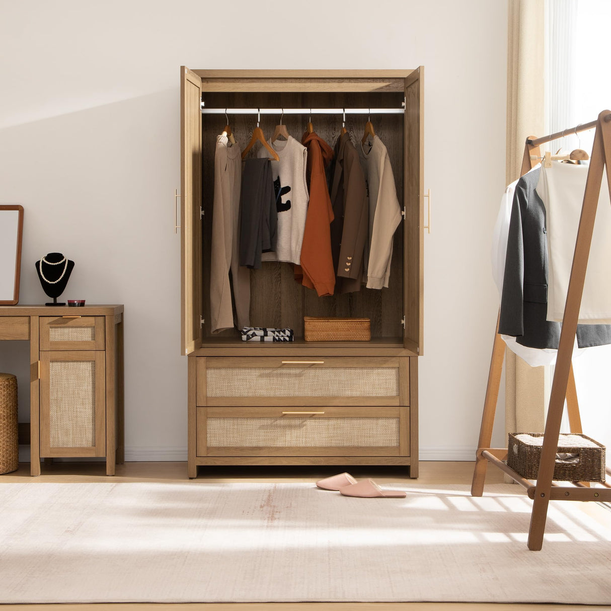 SICOTAS Rattan Armoire Wardrobe Closet Cabinet, 71" Tall Wardrobe Storage Cabinet with Doors, Larger Drawers and Hanging Rod, Boho Armoire Clothes Organizer for Bedroom, Laundry Room, Cloak Room, Oak SICOTAS