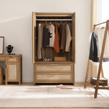 SICOTAS Rattan Armoire Wardrobe Closet Cabinet, 71" Tall Wardrobe Storage Cabinet with Doors, Larger Drawers and Hanging Rod, Boho Armoire Clothes Organizer for Bedroom, Laundry Room, Cloak Room, Oak SICOTAS