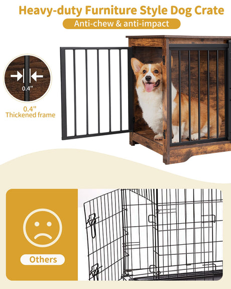 Hzuaneri Dog Crate Furniture, 32" Double Door Dog Crate with Barn Door, Dog Kennel Indoor, End Side Table Wooden Dog Crate for Small Medium Large Dog, Anti-Chew Anti-Escape, Rustic Brown DFC83601B Hzuaneri