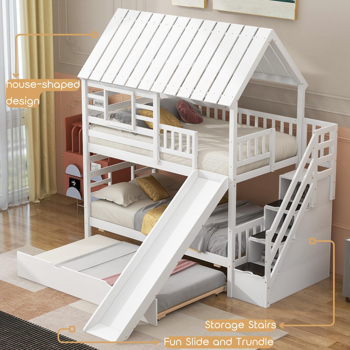 MERITLINE House Bunk Beds Twin Over Twin with Slide, Twin Bunk Bed with Storage Stairs and Trundle, Wood Kids Bunk Bed with Roof and Window Design for Girls, Boys,White