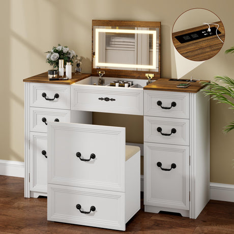 FOMNEY Multifunctional Vanity Desk with Mirror, LED Lights, USB Ports, Power Outlets, and Ample Storage – Stylish Makeup Dresser for Your Bedroom FOMNEY
