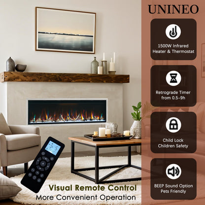 Unineo 60 Inch Electric Fireplace w/Aluminum Frame, Hidden Air Vents Design, Recessed and Wall Mounted Fireplace Heater w/Thermostat, 12×13×5 Realistic Flame, Visual Remote, Log and Crystal, Siliver