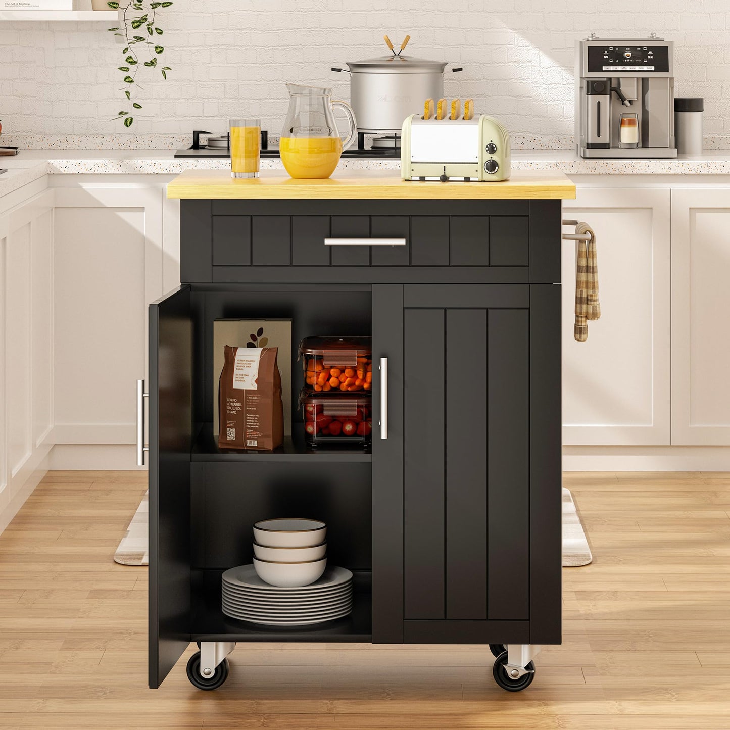 SUNLEI Kitchen Island on Wheels with Storage Cabinet & Drawer, 26" Width Rolling Kitchen Table, Cart Handle for Towel Rack or Free Mobility, Portable Islands for Kitchen, Dining Room(Black) - WoodArtSupply