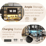 Full Size Loft Bed with LED Light & TV Table, Adults Loft Beds with Charging Station & Storage Bookcase, Wardrobe, Heavy-Duty Metal Lofts Frame with Stairs for Kids, Teens & Youth Dorms, Black Mirightone