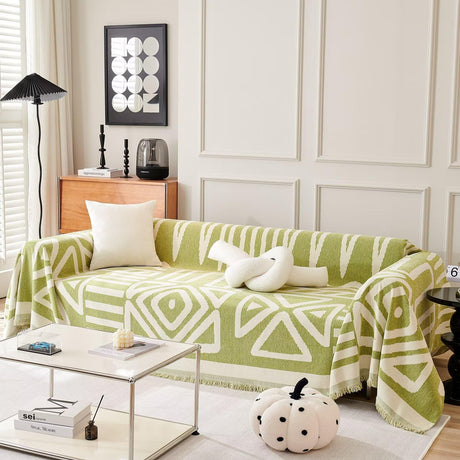 VClife Boho Couch Cover Non-slip Chenille Sectional Sofa Couch Cover for 2 Cushion Couch Sofa Modern Cream White Green Geometry Sofa Slipcover for Loveseat Washable Furniture Protector Cover 71"x 118" VClife