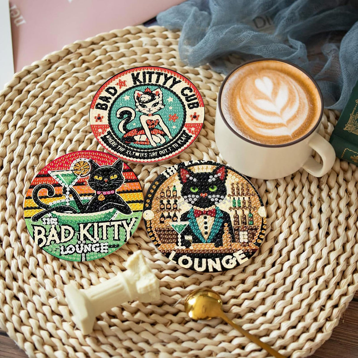 Yijingtop 8PCS Funny Cat Diamond Painting Coaster Kit with Holder,Bad Kitty Diamond Art Coasters,Crafts Kits for DIY Coasters Diamond Art Kits for Adults Yijingtop