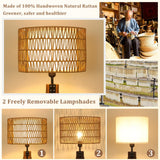 LAMSU Boho Tripod Floor Lamps for Living Room, Rattan Wood Floor Lamp with Fabric Shades, Mid Century Standing Lamp with Shelf, Foot Switch, Modern Farmhouse Tall Lamps for Bedroom Office Brown LAMSU