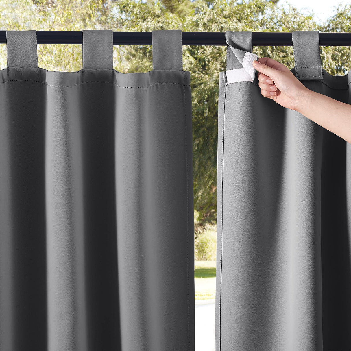 NICETOWN 2 Panels Patio Curtains Outdoor Waterproof 84 Long, Detachable Sticky Tab Top Heavy Weight Blackout Sunblock Window Treatment, Keep Privacy for Gazebo/Dock, W52 x L84, Grey NICETOWN