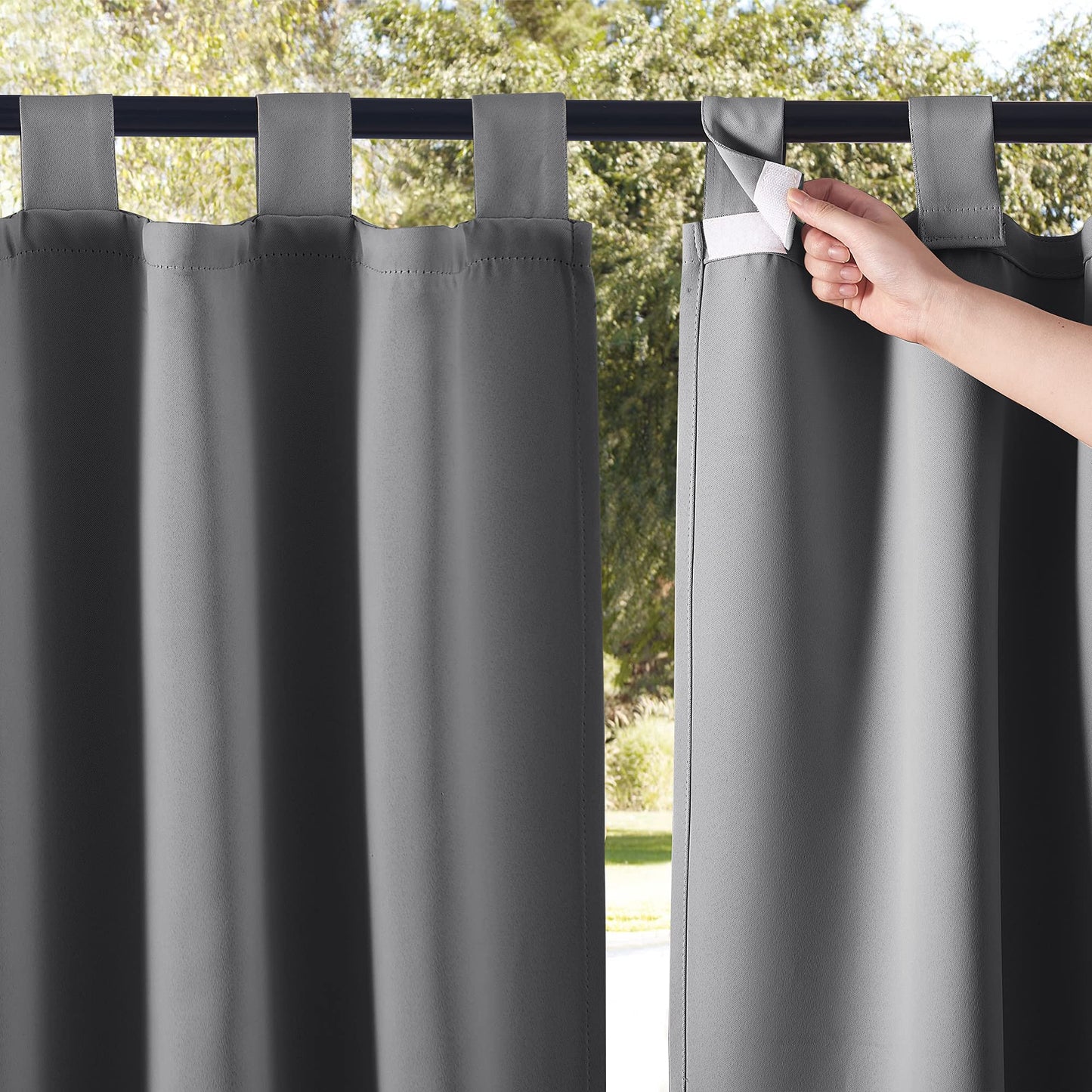 NICETOWN 2 Panels Patio Curtains Outdoor Waterproof 84 Long, Detachable Sticky Tab Top Heavy Weight Blackout Sunblock Window Treatment, Keep Privacy for Gazebo/Dock, W52 x L84, Grey - WoodArtSupply