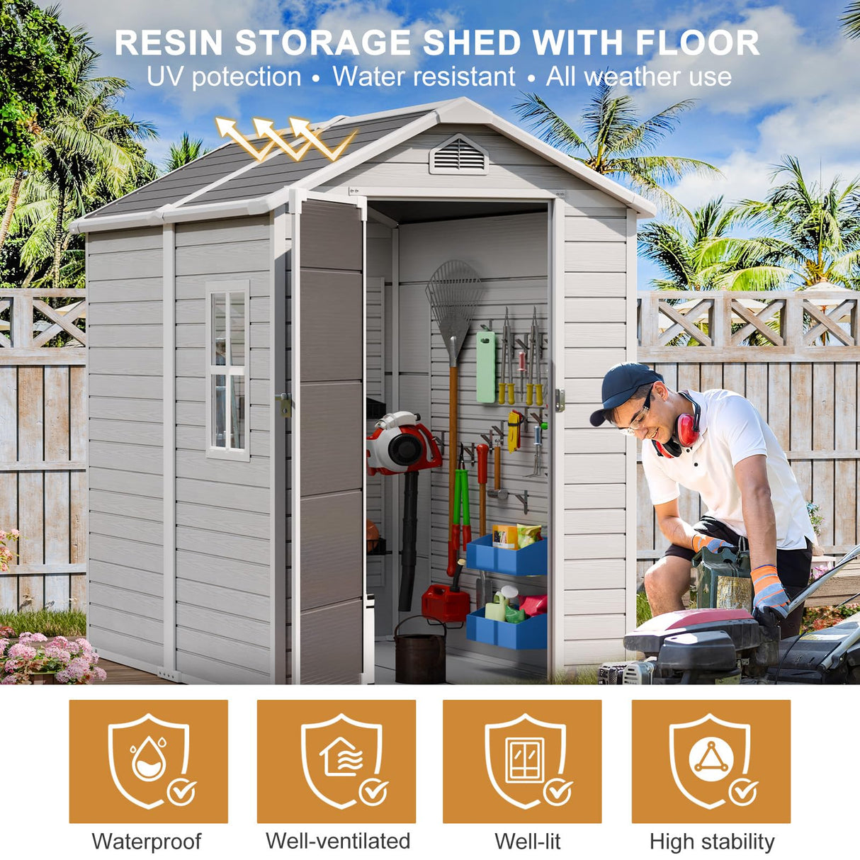 Outdoor Resin Storage Shed with Floor Window Lockable Door Included, 6x4 FT Plastic Sheds, Waterproof Outside Storage Sheds for Garden Backyard Patio Lawn Tools, Gray Restland
