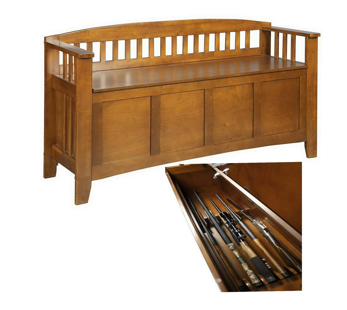 Long Gun Storage Bench Attractive Multi-Functional Lockable Cabinet Hidden Handgun Rifle Shotgun Compartment Entryway Solid Wood Store Accessories Rest Seat Locking Concealment Furniture Love Seat Prettyshop4246