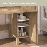 usikey Farmhouse Makeup Vanity Desk with Mirror and Lights, Glass Tabletop Makeup Vanity with Adjustable Shelves, Vanity Table Set with 2 Drawers and Side Cabinet for Bedroom, Maple usikey