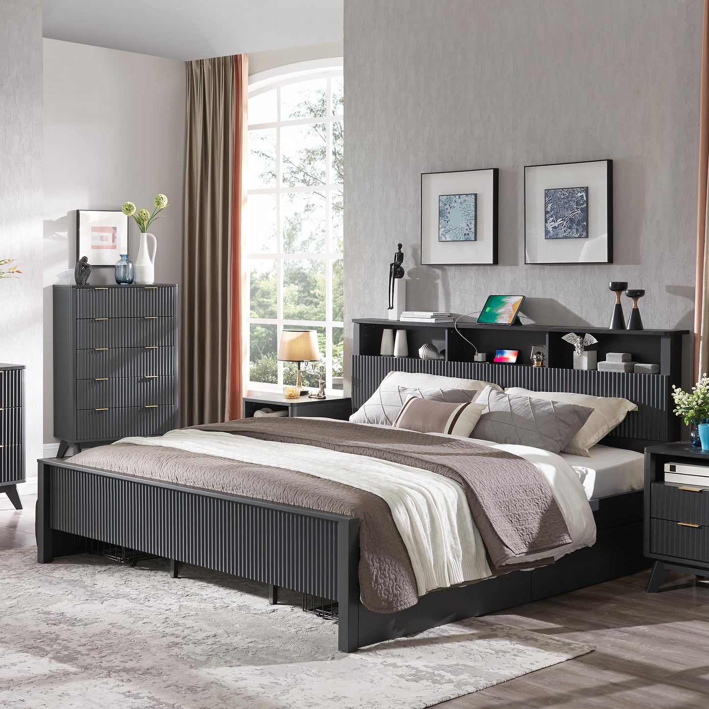 T4TREAM Fluted Panel Queen Bed Frame with Bookcase Headboard & Charging Station, Modern Wood Platform Bed with 4 Drawers, Wood Slats Support, Noise Free, No Box Spring Needed, Dark Grey - WoodArtSupply