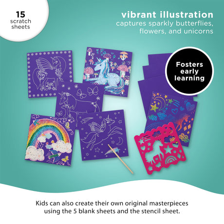 Crocodile Creek Unicorn Sparkle Scratch Art for Kids - 16-Sheet Scratch Art Set with 10 Themed Sheets, 5 Blank Sheets, Stencil, and Stylus - Thoughtful Stocking Stuffers, Gifts, Art Supplies for Kids Crocodile Creek