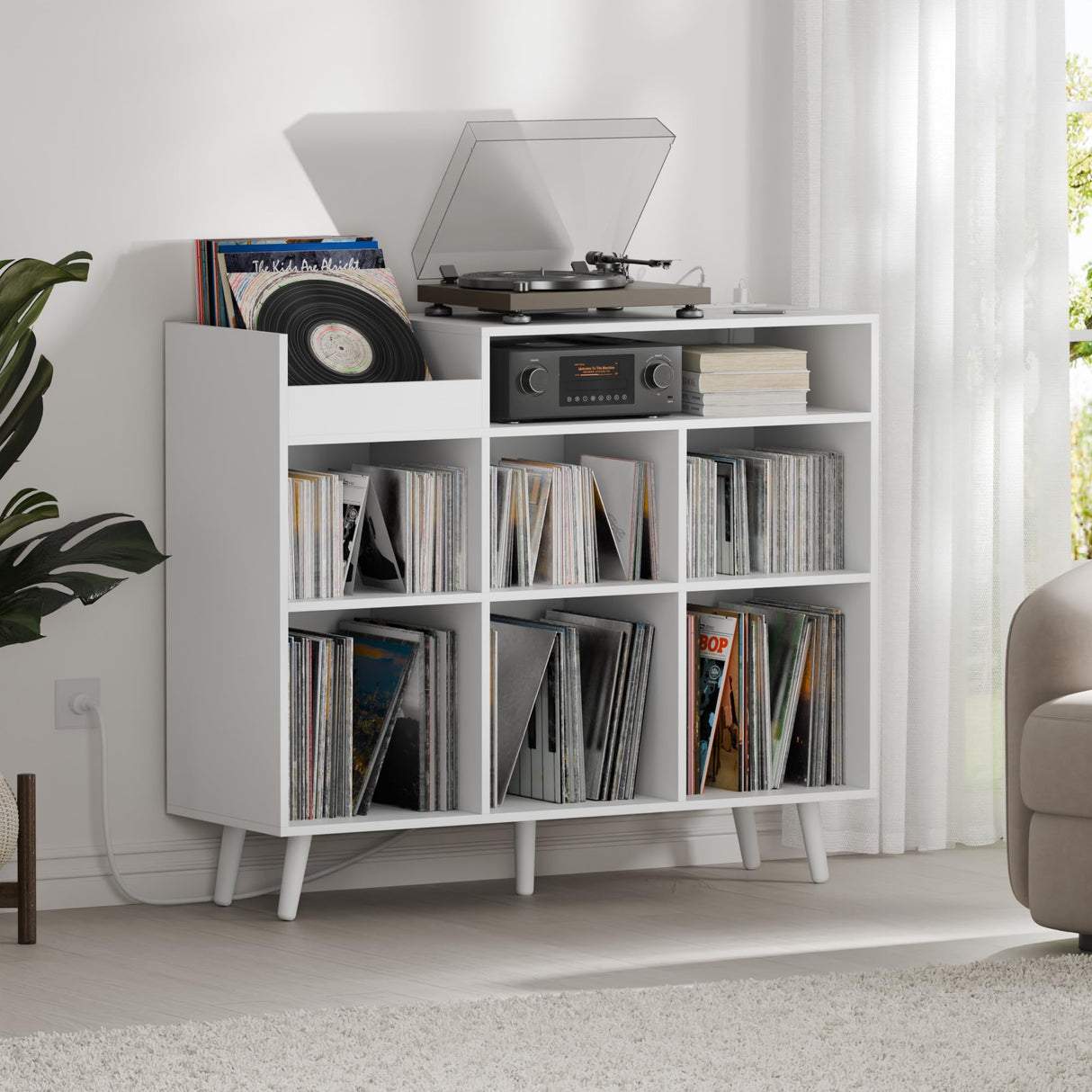 Cozy Castle Record Player Stand, Turntable Shelf with Vinyl Storage up to 500 Albums, Vinyl Record Player Shelf with Power Outlet Sideboard Buffet Cabinet with Storage Accent Cabinet, White Cozy Castle