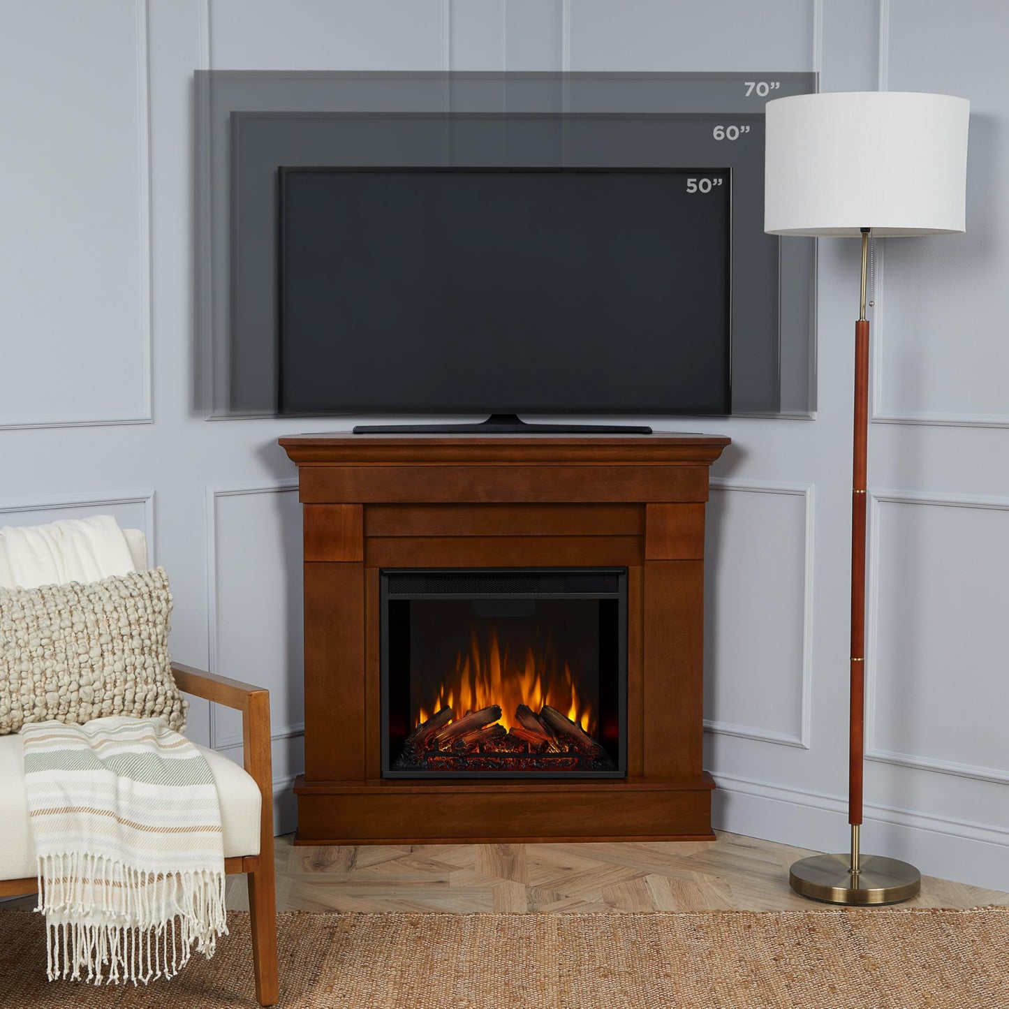 Real Flame Chateau 41" Corner Electric Fireplace with Mantel for Living Room or Bedroom, Replaceable Fireplace Insert Heater, Realistic Log and Flame Effect, Remote Control, Timer.