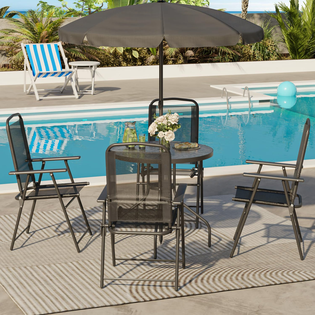 PUKAMI 6 Piece Folding Patio Dining Set with Umbrella, Outdoor Table and Chair with 4 Dining Chairs and Round Glass Table for Garden, Backyard and Deck, Black PUKAMI